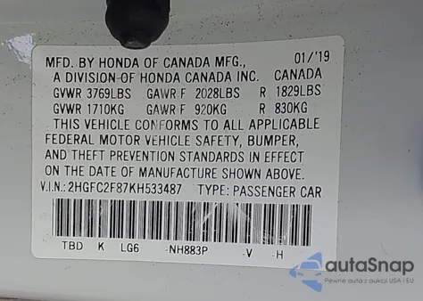 2019 Honda Civic Sport из США, поврежденный, VIN 2HGFC2F87KH533487